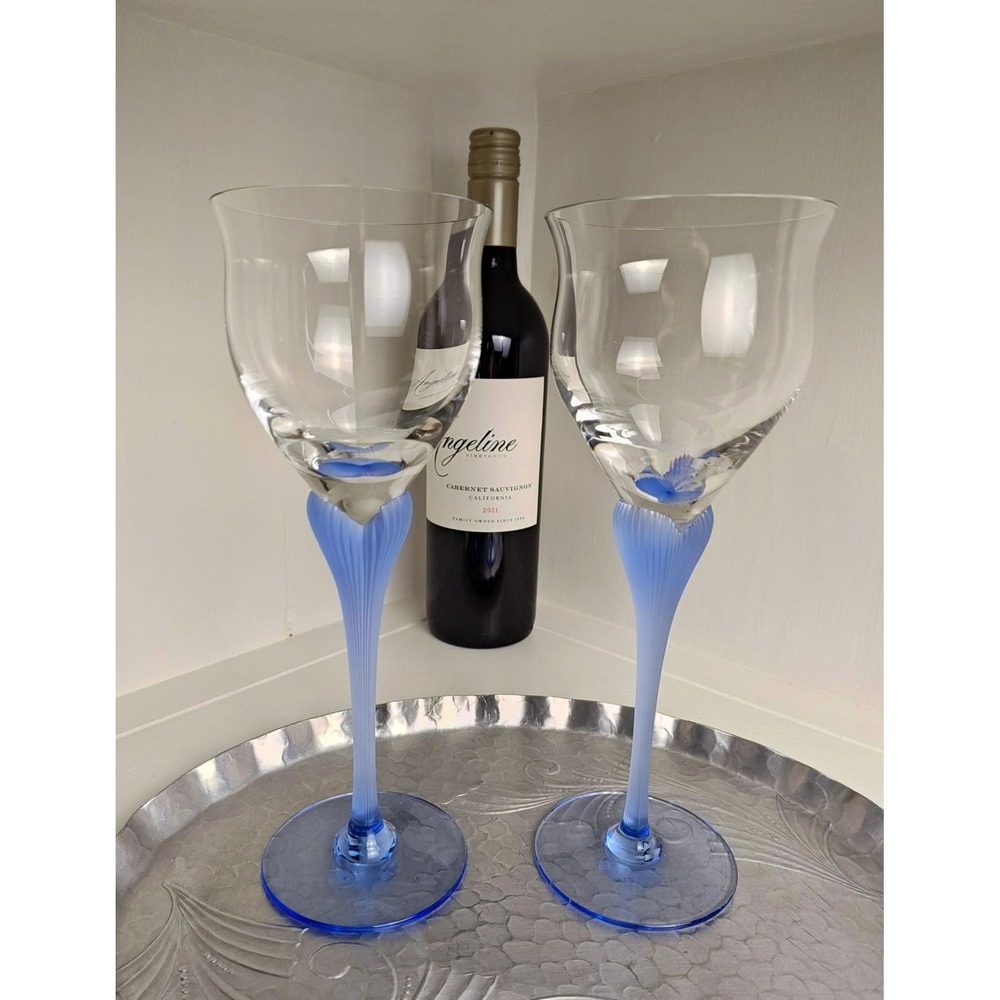 2 Mikasa Sea Mist Sapphire Frosted Stem Water Goblets